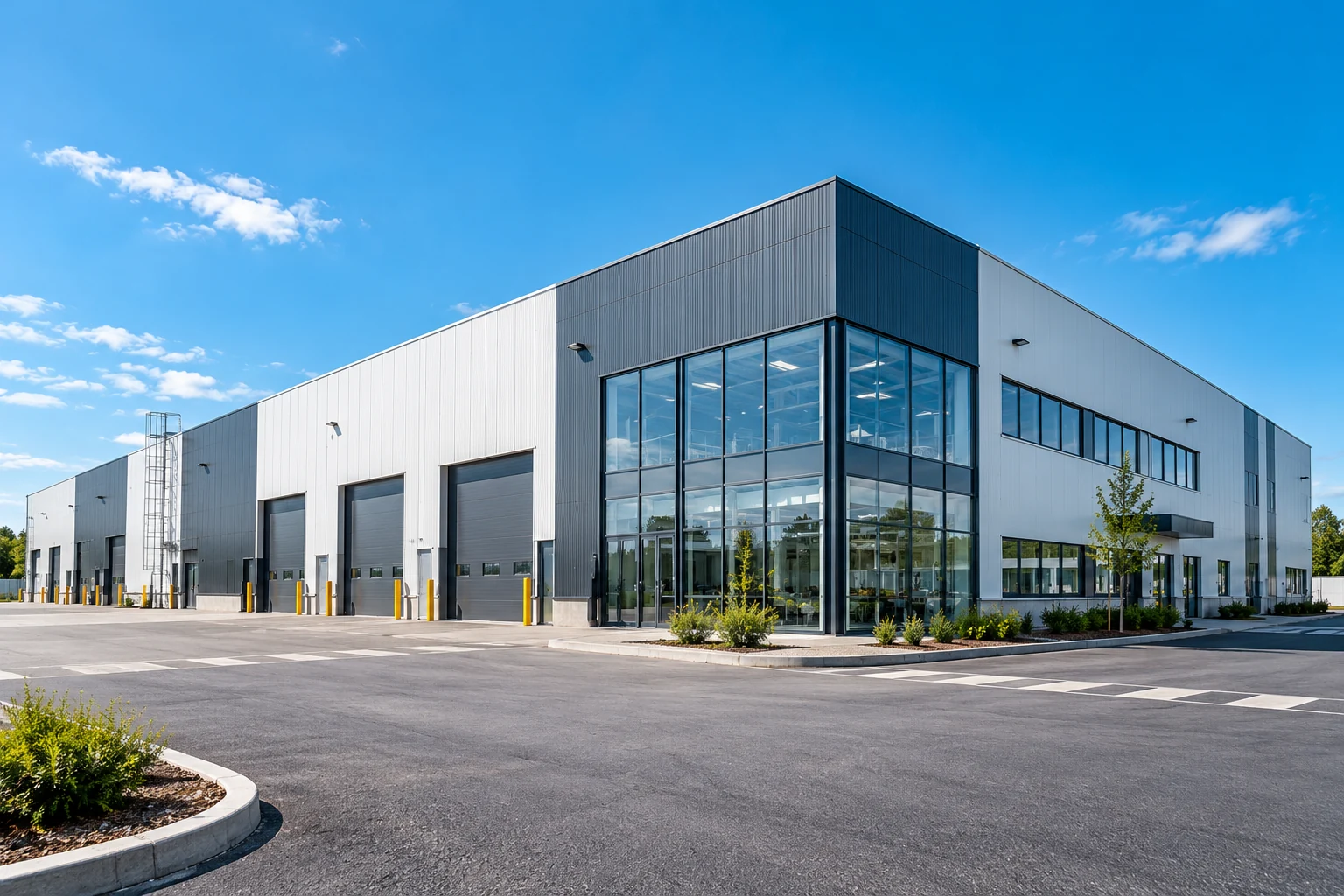 Bâtiment industriel avec atelier, portes de livraison et espaces de bureaux